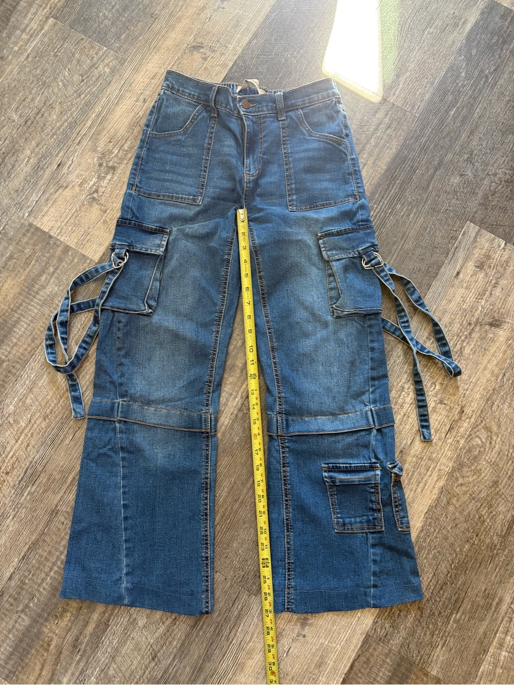 Women’s Dark Blue Bootcut Cargo Jeans with Strap Details